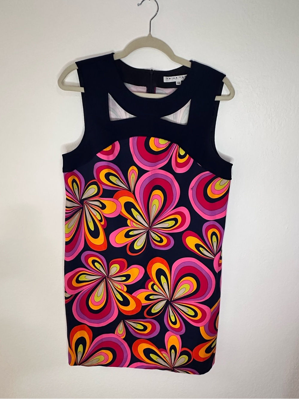 Trina Turk Black Yoke Pink Orange Yellow Retro Floral Mini Dress